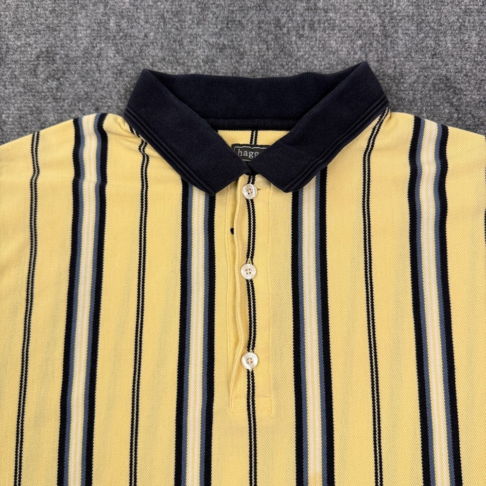 Haggar Mens Cool 18 Polo Shirt Size XL Yellow Striped Short Sleeve Golf Casual
